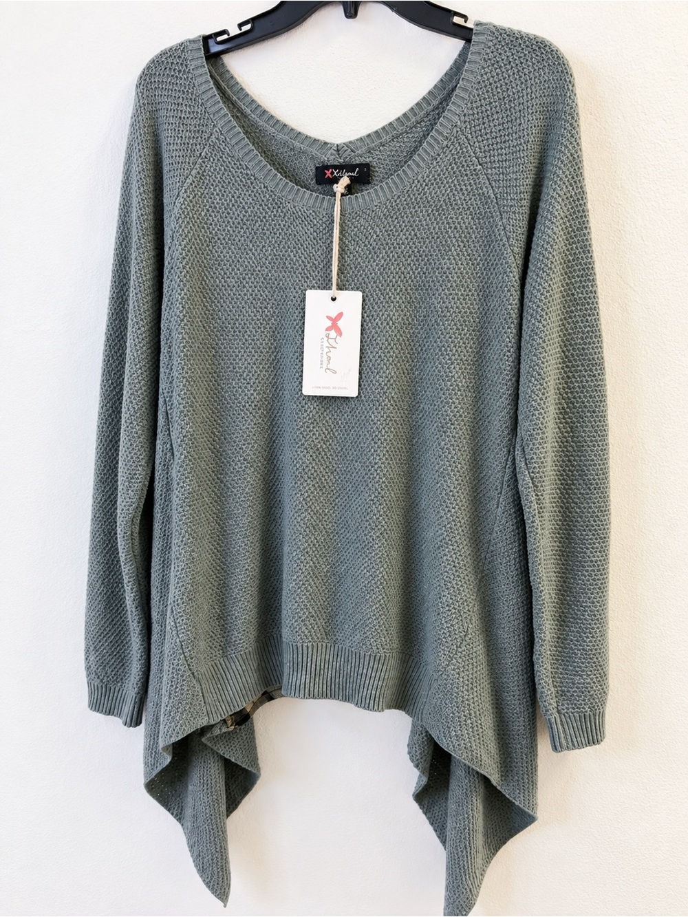 THML Sage Green Textured Knit Scoop Neck Sweater with Asymmetric Hem